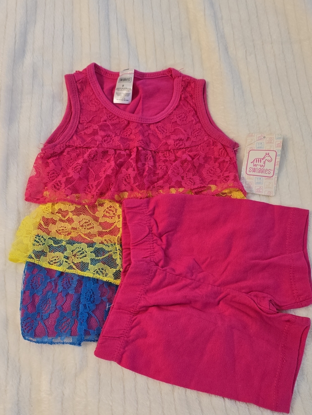 Swiggles Hot Pink Lace Tank & Shorts Set with Yellow and Blue Lace